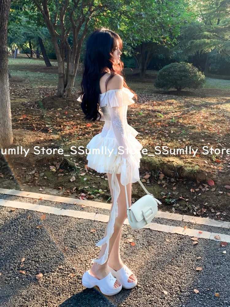 France Sweet Off Shoulder One Piece Dress Women Elegant Sexy Slim Party Clothes Female Korean Chic Design Fairy Dresses 2025 New R250716
