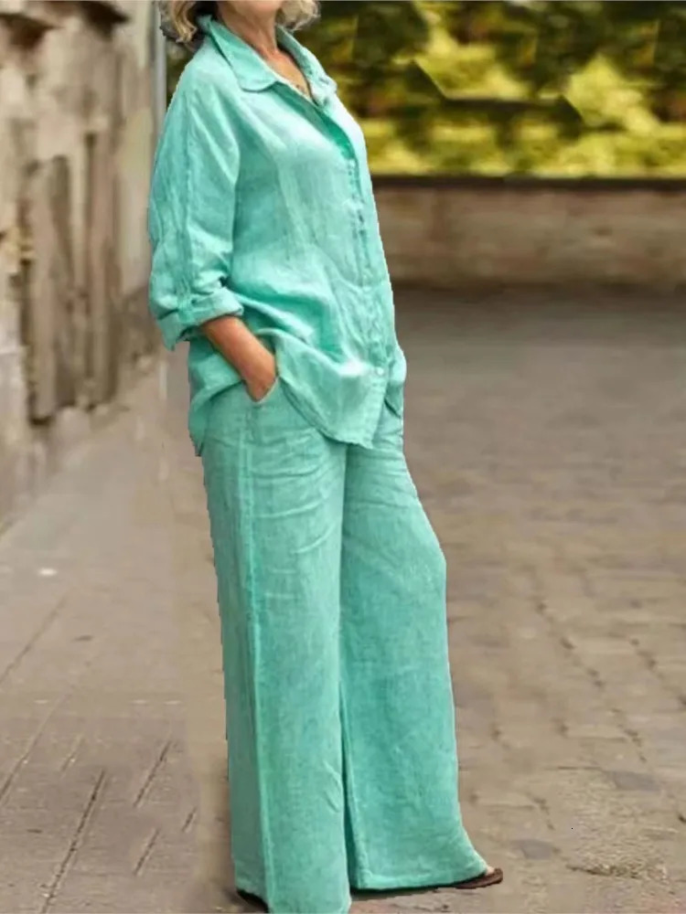 Fashion Cotton Linen Shirt Long Sleeved Womens Set Spring Autumn Loose Cotton Linen Wide Leg Trousers Female Office 2piece Set 250715