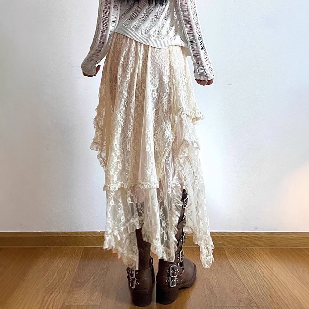 2025 French Style Elegant Apricot Lace Half Skirt Winter Irregular Inner Wear Long Elastic High Waist