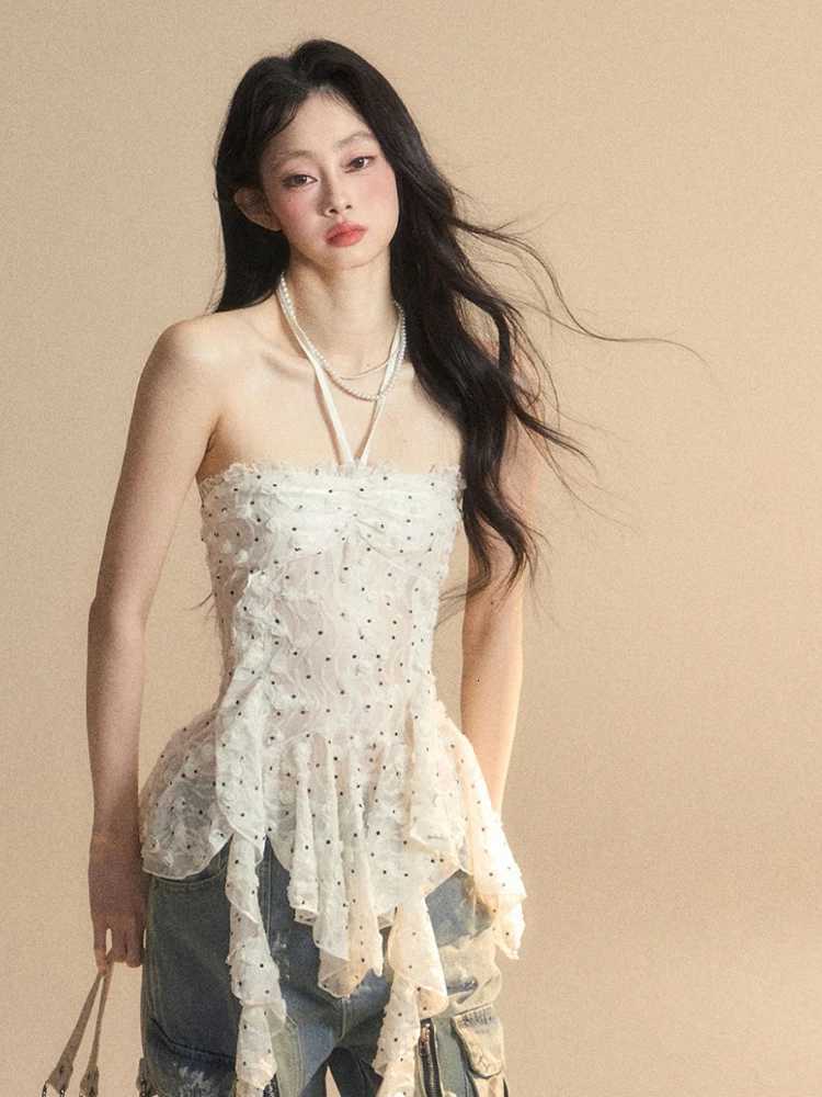 Streetwear Wave Point Women Halter Camisole Vintage Irregular Ruffled Tanks Summer Grunge Sexy Y2k Aesthetic Fairy Vest Tops R250716
