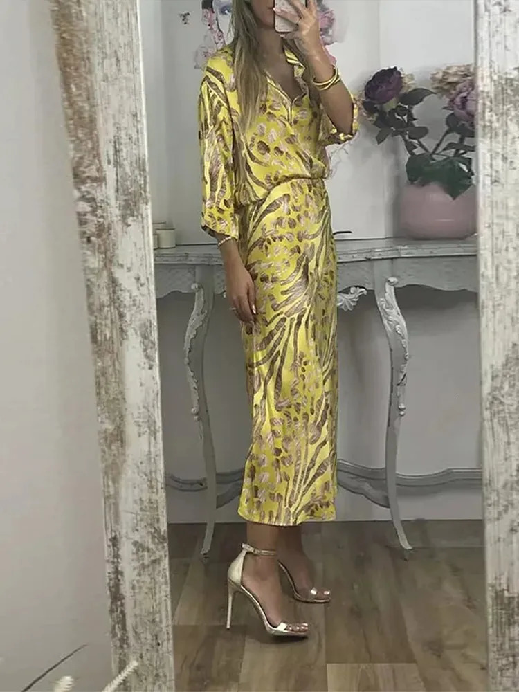 Party Dresses Printed Womens Skirt Set V-neck Three Quarter Sleeve Shirts High Waist Skirts Female 2 Pieces Evening Outfits 250715