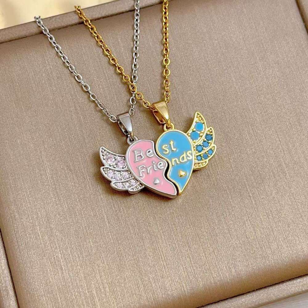 New Letter Best Friends Heart-Shaped Splicing Bestie Necklace Wing Pendant 4Eb
