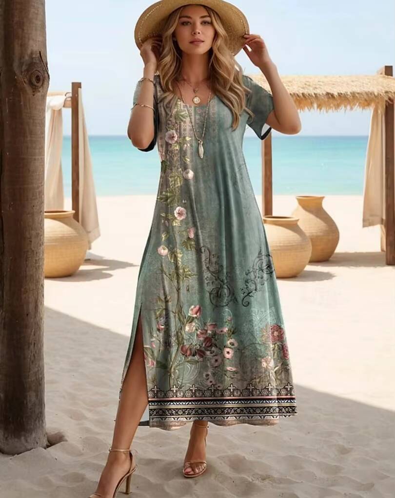 Womens Summer Casual Hawaiian Resort Style Regular Fit Floral Pattern Short Sleeve 2025 New Dresses dongdumaoyi