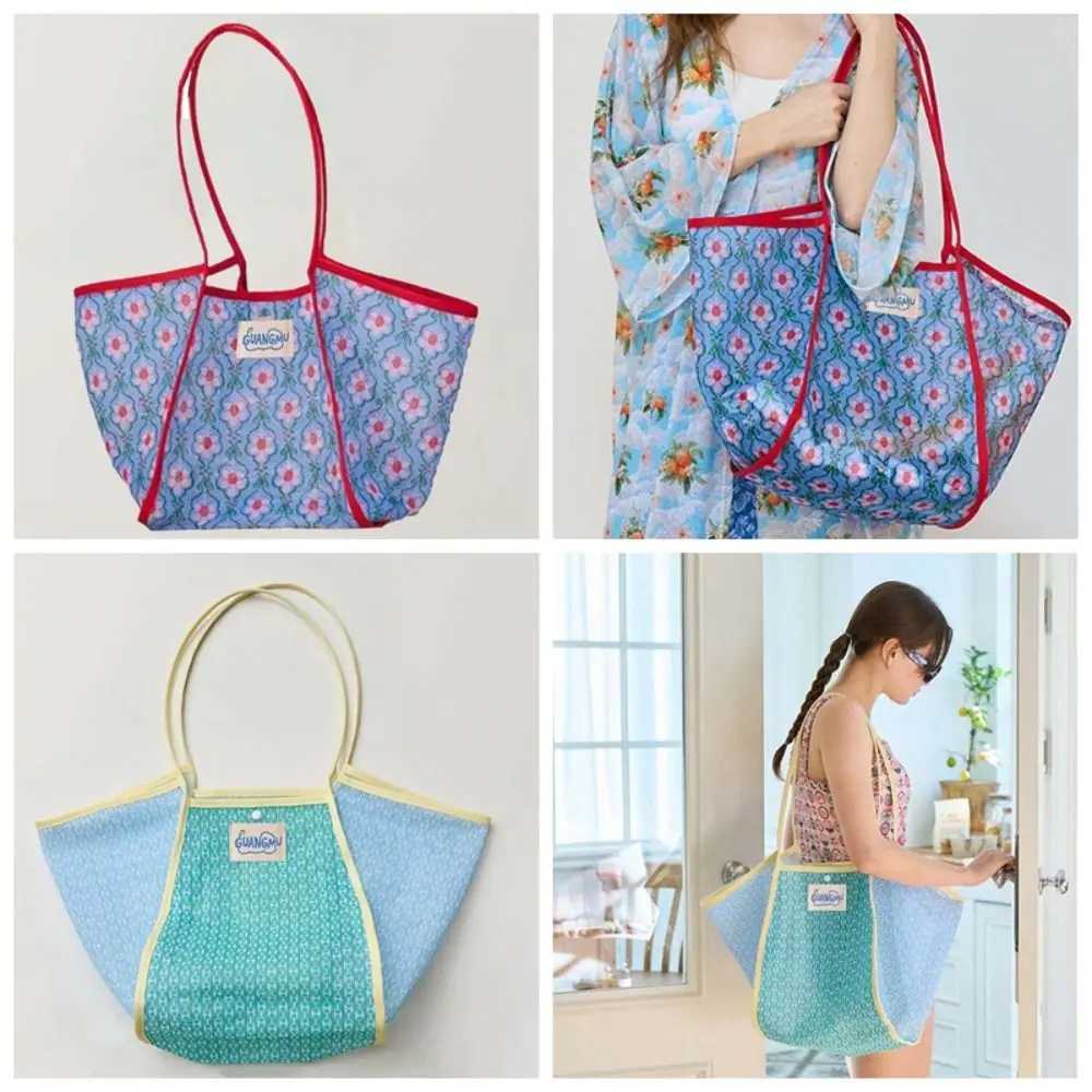 Breathable Contrast Color Tote Bag Large Capacity Fluorescence Color Floral Mesh Shoulder Pouch Hollowed Out