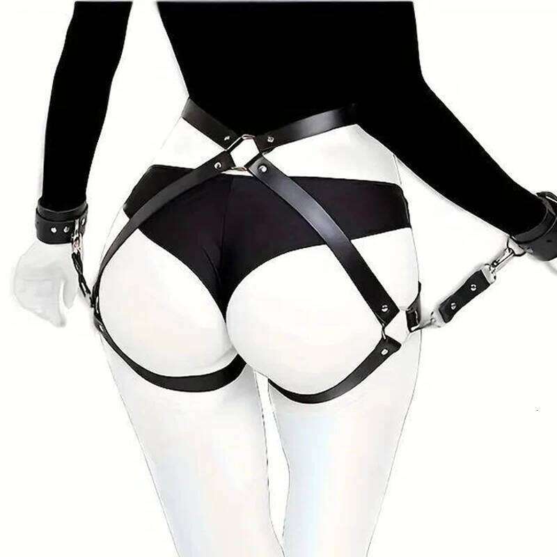 Bdsm Leather Garter Belt Lingerie Gothic Rave Costume Adult Bandage Lencerias PU Leg Loops Plus Size Underwear With Handcuffs