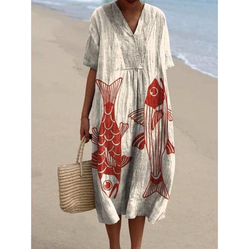 2025 New Plus Size Women's Shirt Pocket Short Sleeve Dress Creative Fish Pattern Vacation Style