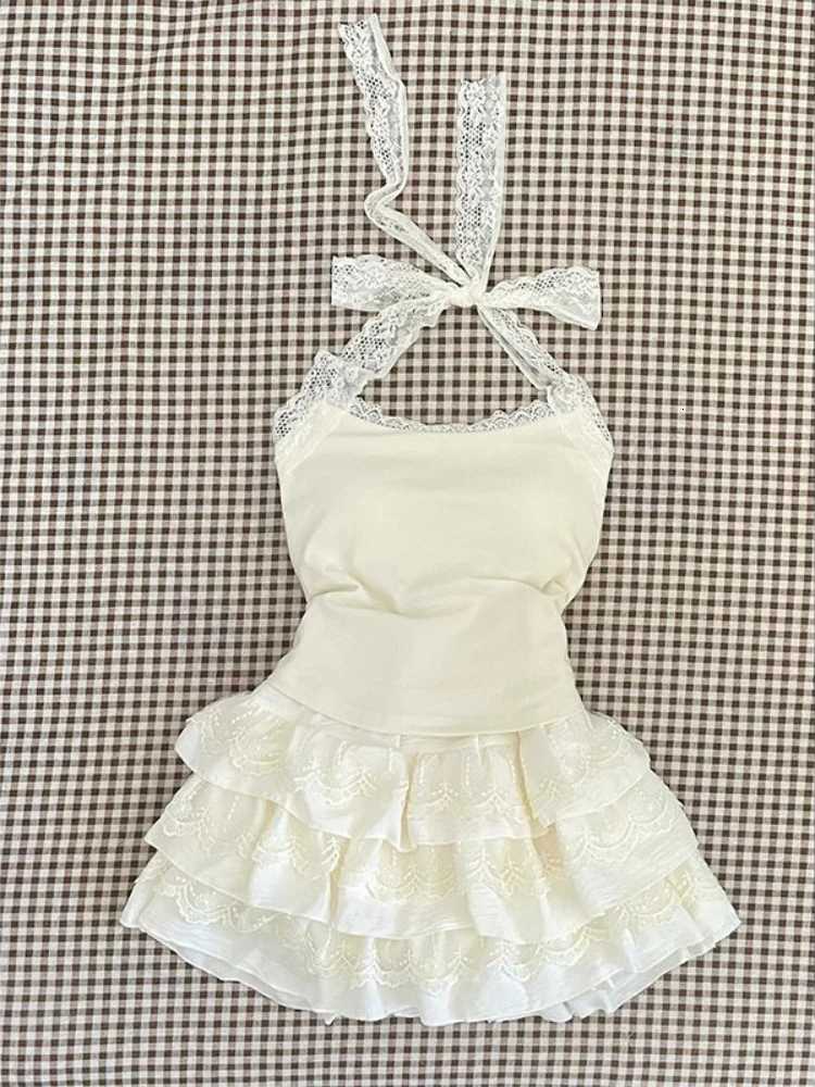 2025 Korean New Sexy Lace Design Skirt Suit Women Fairy Sweet Camisole + Puff Cake Skirt Sets Spring Ins Casual Two-Piece Set R250716
