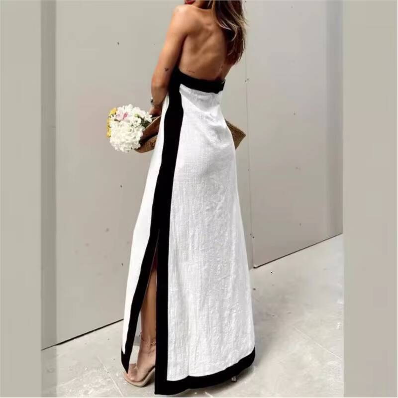 Boho Summer Sexy Womens Dress New Style Cotton Linen Backless Halterneck Slit Vintage Prom Dresses For Women Maxi Robe Femme dongdumaoyi