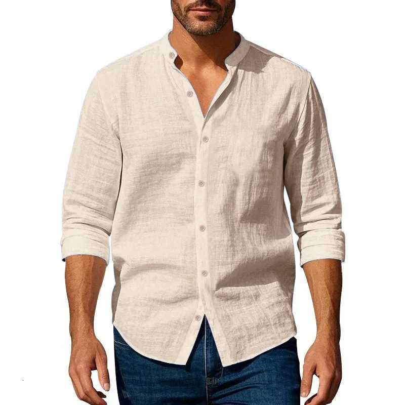 Cotton Linen Shirt for Men Henley Neck Solid Color Lightweight Breathable Slim Fit Single Breasted Shirt Long Sleeve Button Up Z250715