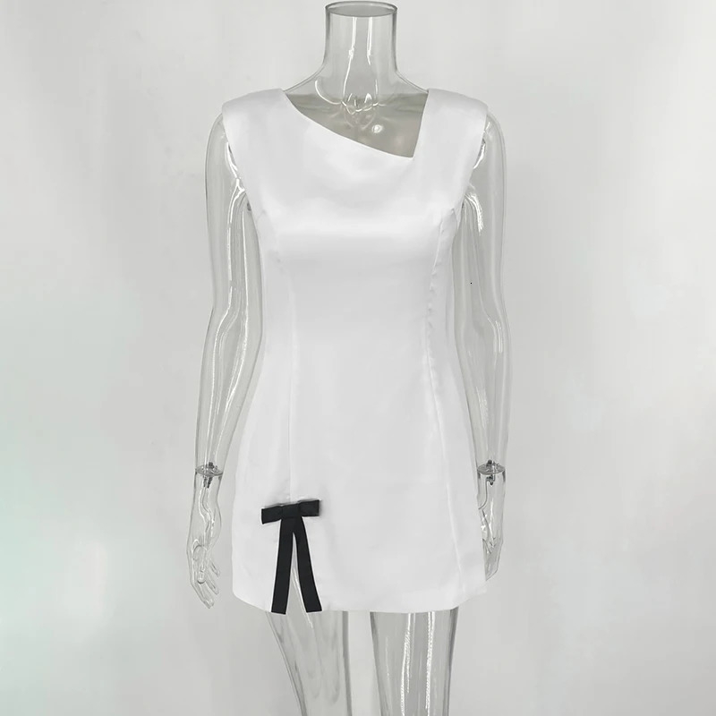 Tank Dress For Women Skew Collar Fashion Bow Split Elegant Evening Party Short Dress Sleeveless Bodycon Outfits 250715