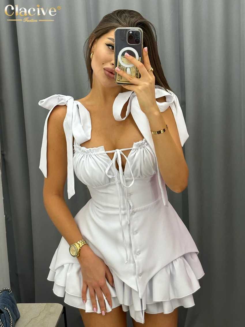 2024 Clacive Summer Slim White Womens Dress Fashion Strap Sleeveless Mini Dresses Elegant Classic Lace-Up Pleated Female Dress R250716