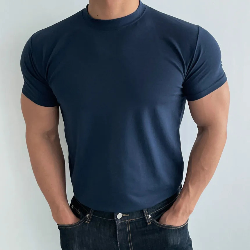 High quality mens short sleeve training T-shirt high elastic cotton breathable quick drying round neck solid color Tops 250715
