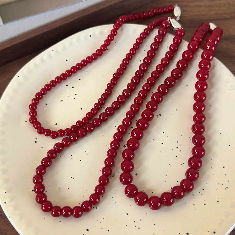 Red Round Glass Bead Necklace Retro Style Chain Simple Accessories 250712