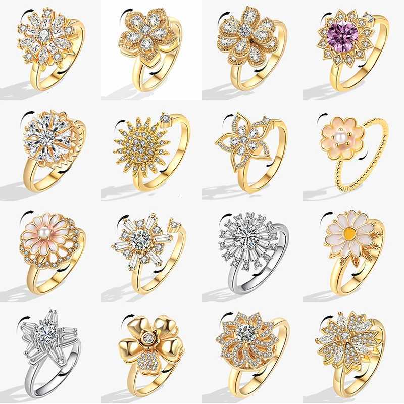 Korean Woman Anxiety Relaxing Ring Multiple Crystal Sunflower Snowflake Knuckle Rings Anti Stress Jewelry Girls Rotating Gift S250716