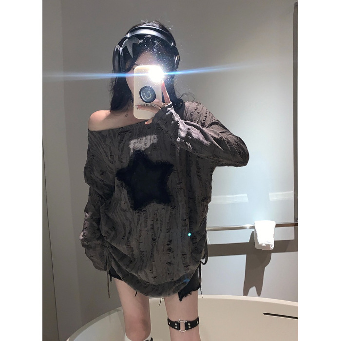 Summer New Women S T Shirt Spicy Girl Lazy Ripped Off Shoulder Long Sleeve T Shirt Women S Autumn Star Design Loose Drawstring Mid Length Top New Desi