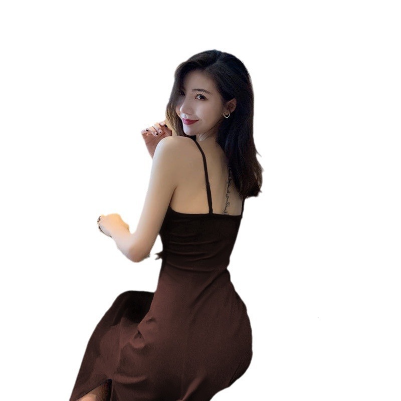 2025 Spaghetti Strap Little Black Dress Sexy Gentle V-neck Base Shirt Retro Long Side Slit Sleeveless Women's Clothing
