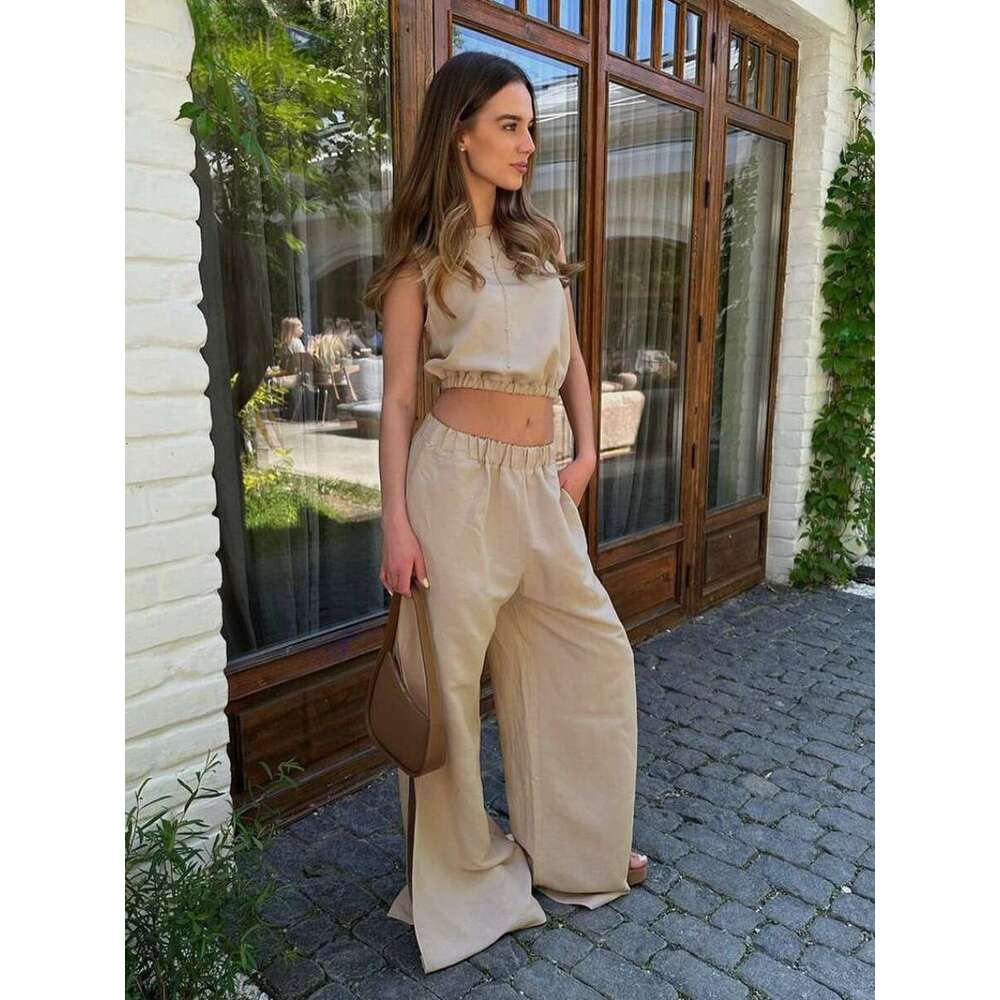 Summer Cotton Linen Short Sleeveless Elastic Waist Exposed Top + Long Pants With Slits Two-Piece Set B5
