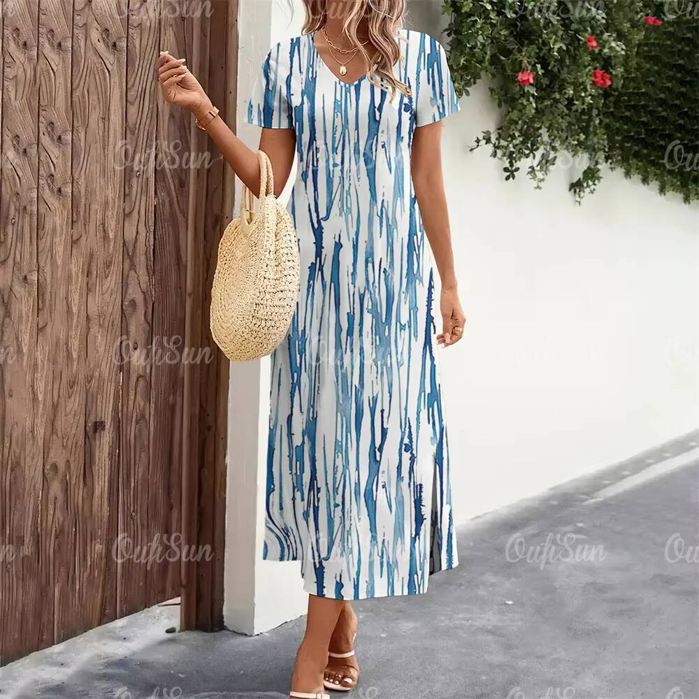2024 New Womens Striped Print Summer Elegant Midi Dresses Vacation Feamle Short Sleeve Dress Fashion Oversized Clothes dongdumaoyi
