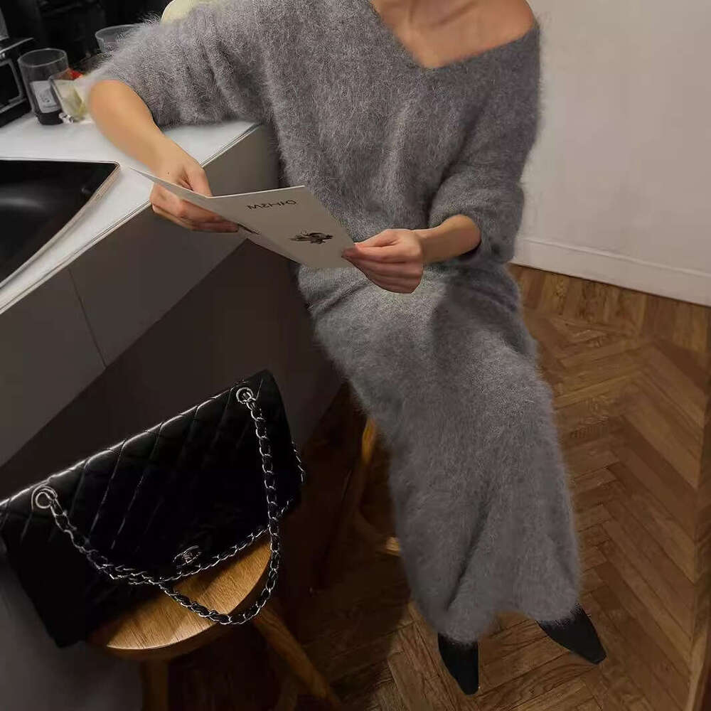 Faux Mink Knit Autumn Winter New Lazy V-Neck Sweater Fishtail Skirt Set B5