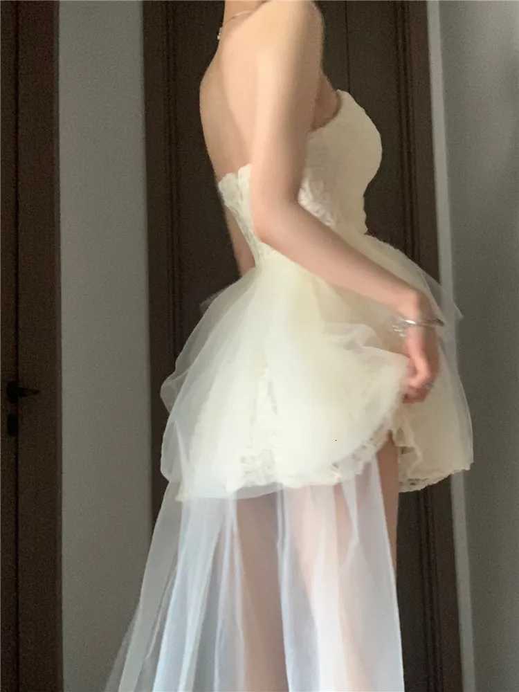 Korean Style White Party Dresses Women Mesh Lace Slash Neck Strapless Puffy Layered Mini Elegant Ladies Backless Dress R250716
