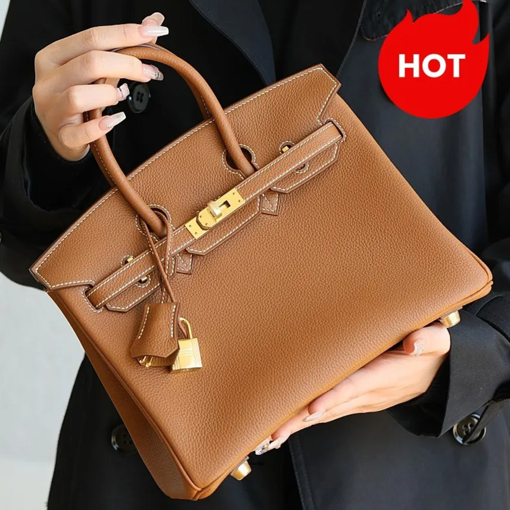 Exempt from customs duty Designer Women's Brown Handbag 25cm Genuine Leather Handmade Lock Inner Zipper Pocket Fashion Shoulder Bag Gift Box10A