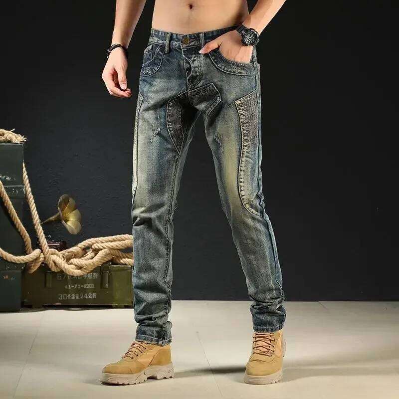 Male Cowboy Pants Skinny Low Rise Jeans For Men Motorcycle Slim Fit Trousers 90S Streetwear Straight Tight Pipe Retro Casual Xs