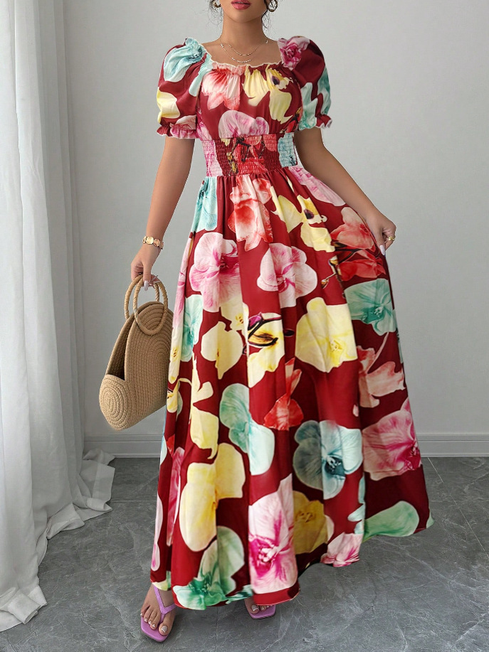 2025 Summer Amazon European and American New Style Puff Sleeve High Waist Cinched Printed Women's Flared Strap Dress