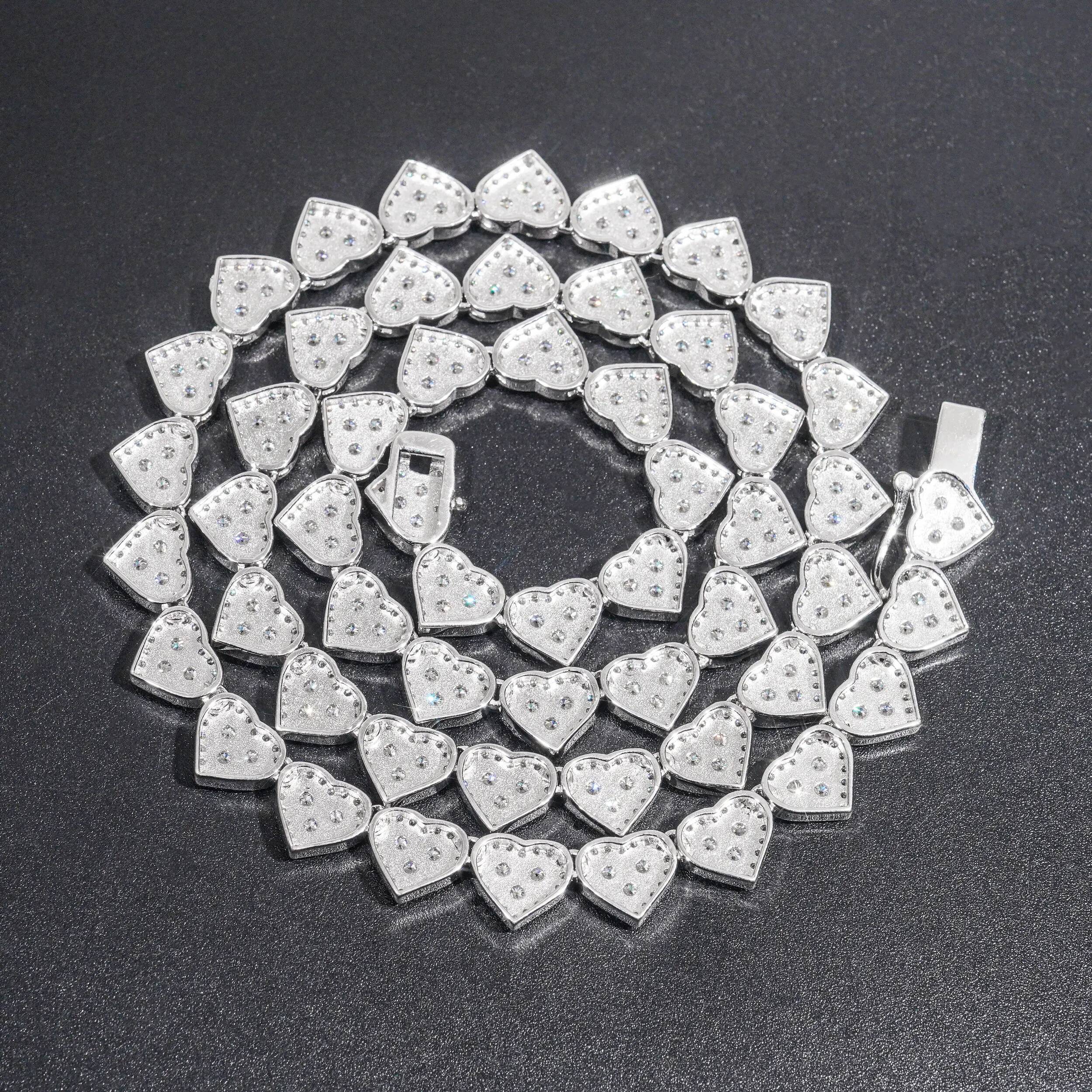 Hip Hop Rock 100% 925 Sterling Silver Heart Cut Double Row Moissanite 8mm Cuban Chain Necklaces Bracelet Fine Jewelry