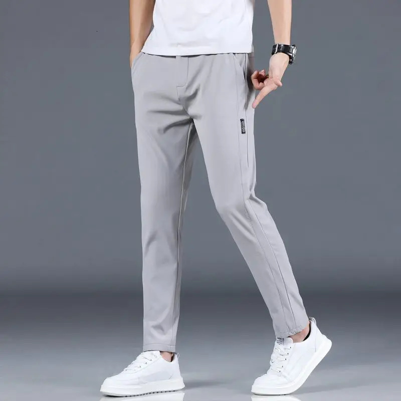 Ice silk mens pants 2025 summer black gray thin business casual pants outdoor elastic breathable straight leg sports pants 250715