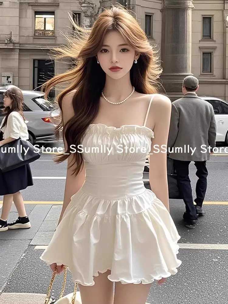 2025 Summer White Square Neck Ruffled Sling Dress Women French Slim Fit Sexy Elegant Party Clothes Korean Fashion Short Dresses R250716
