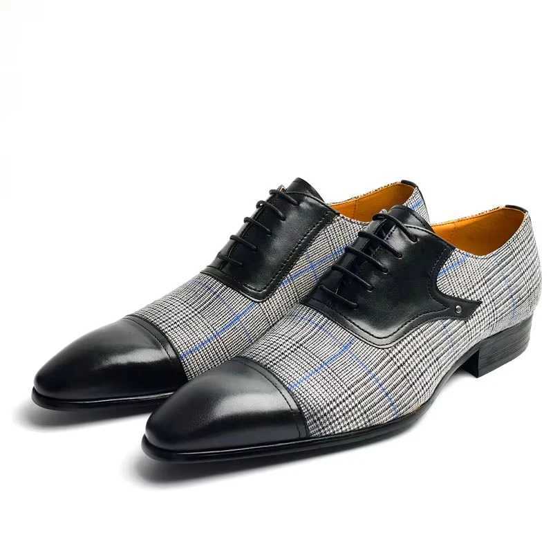 Mens Oxford Dress Shoes Denim Cow Leather Upper Pointed Toe Business Formal Shoes Lace-Up Classic Mens Footwear for Weddings and Offices W250716