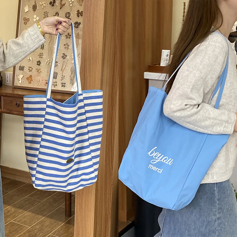 Casual Large Capacity Womens Canvas Shoulder Bags Striped Female Shopping Bag Summer Seaside Handbags Beach Tote 250714