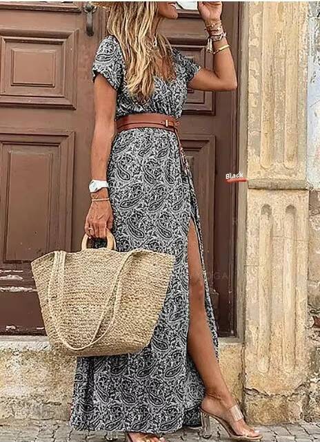 2024 Independent Station Hot Sale WISH Fashionable Bohemian Style V-Neck Floral Dress European And American Market Trend dongdumaoyi