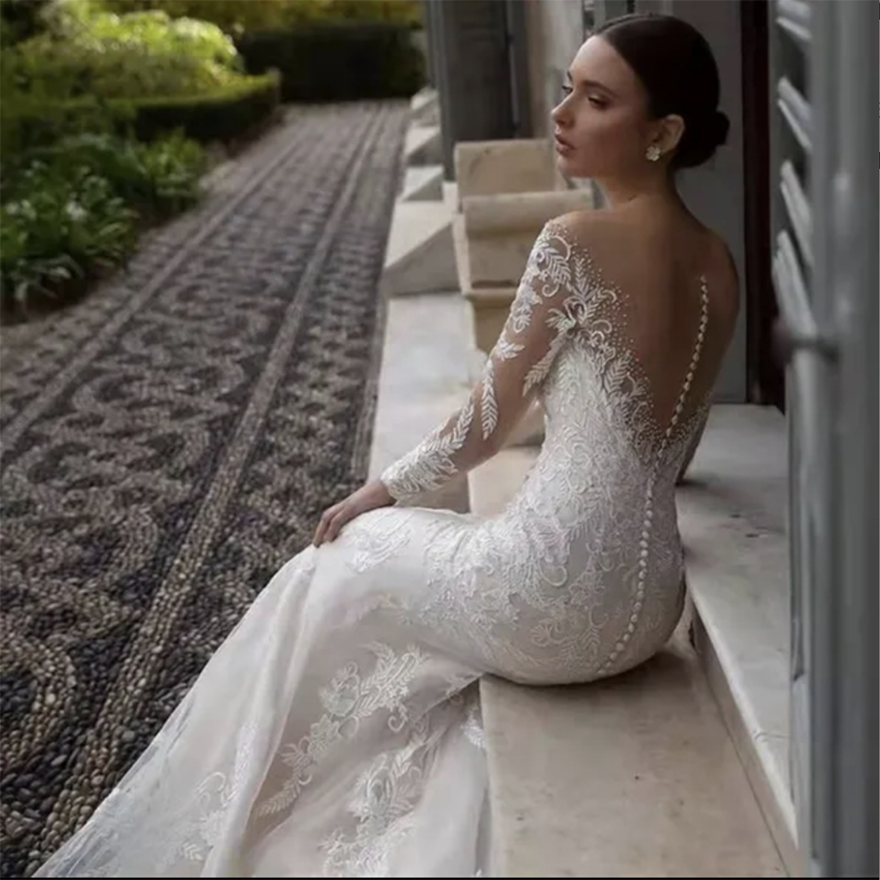 White Ivory Lace Mermaid Wedding Dresses Long Jewel Backless Covered Button Sweep Train Wedding Dress Bridal Gowns Vestidos De Noiva