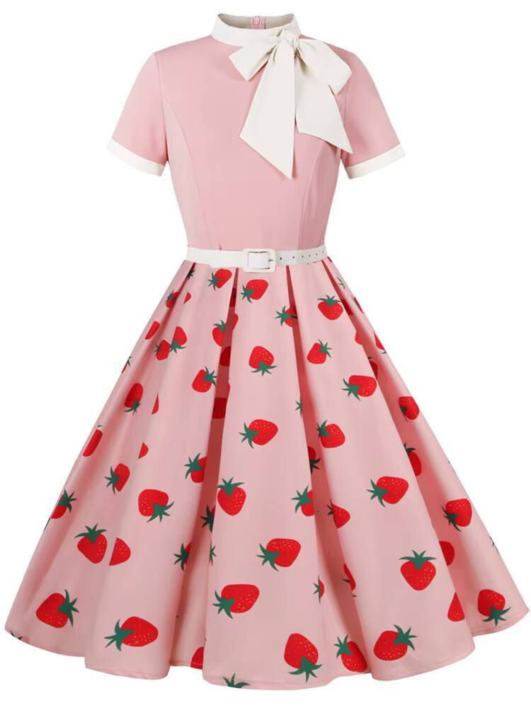 Polka Dot Print Patchwork Vintage Style A Line Swing Flare Dress Short Sleeve Red Pink Black 1950s Summer Holiday Casual Dresses dongdumaoyi