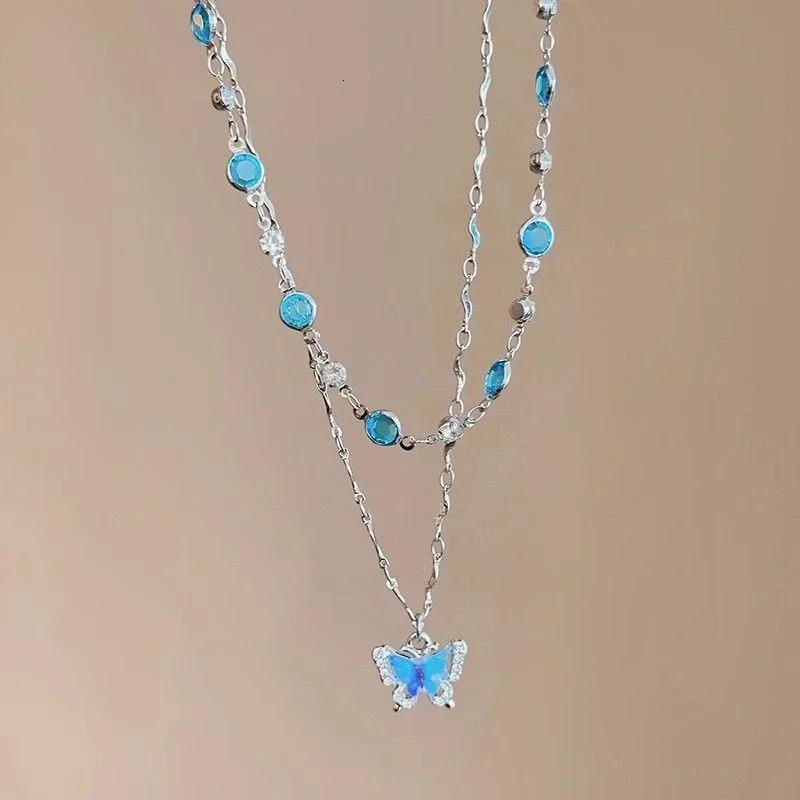 LATS Romantic Blue Crystal Butterfly Necklace for Women Girls Simple Shiny Zircon Bilayer Choker Clavicle Chain Fine Jewelry 250805