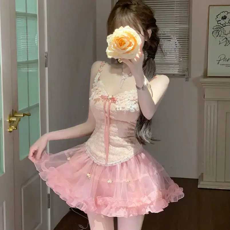 Sweet Princess Skirt Set Fairycore Mesh Mini Skirt Floral Embroidered Corset Tops Y2K Aesthetic Fashion 2 Piece Set Chic R250716