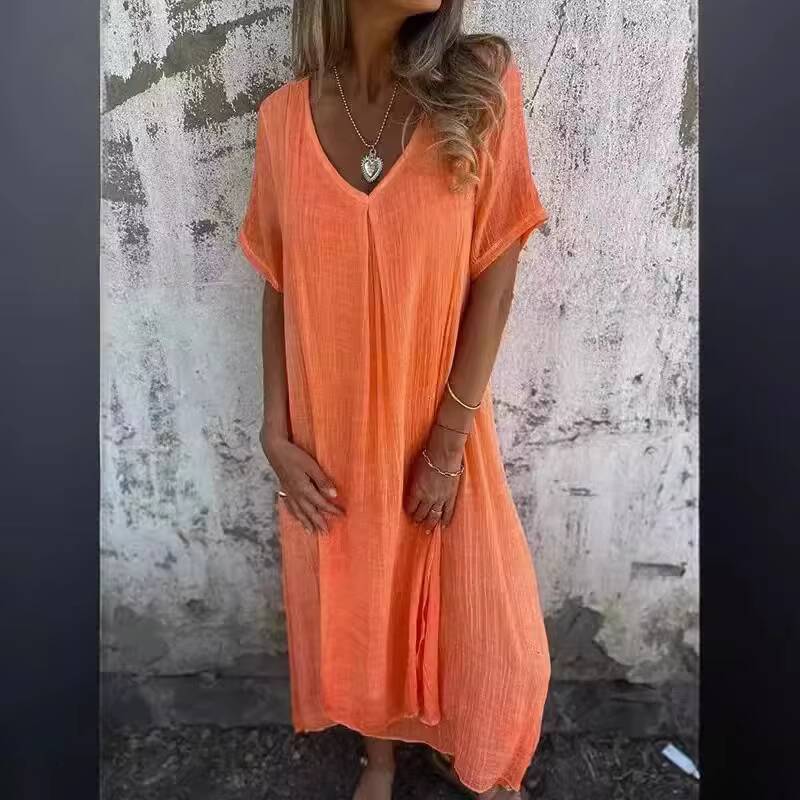 Sexy V Neck Loose Cotton Linen Dress Summer Women Short Sleeve Solid Color Maxi Long Homewear Oversized Dresses YSYYFS-YS24188 dongdumaoyi