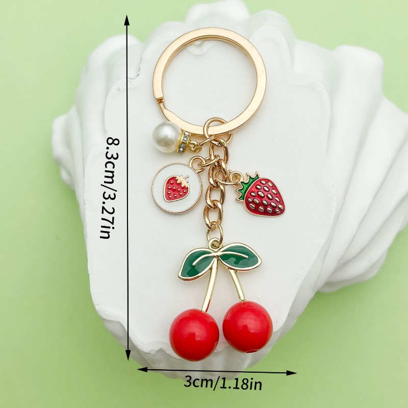 Versatile Key Ring with Sparkling Cherry Design - Stylish Pearled Ornamentation