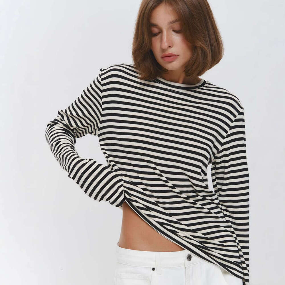 Striped T-Shirt Autumn Winter Commuter Slim Fit Round Neck Cotton Base Shirt Long Sleeve Tee For Women B5