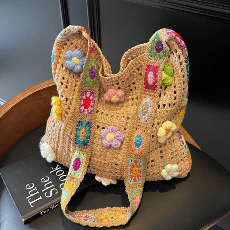 Womens Boho Crochet Bag Designer Flowers Knitted Handbags Large Capacity Summer Beach Woven Shoulder Bag Girls Tote Shopper Bag M250716