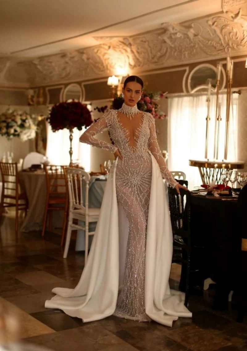 Graceful Mermaid Wedding Dresses With V-Neck Sequins Rhinestone Appliques Sweep Train High Quality Bridal Gowns Wedding Vestidos De Novia