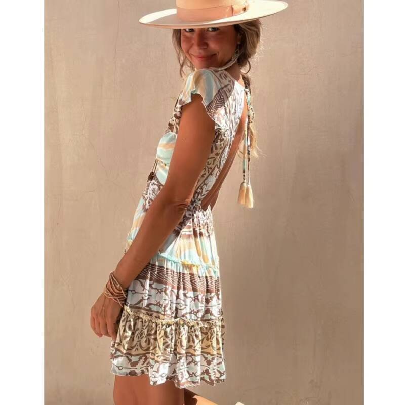 Ethnic Style Dress Summer 2024 New V-neck Pullover Printed Flying Sleeves A-line Waist Cinched Womens Short Skirt dongdumaoyi