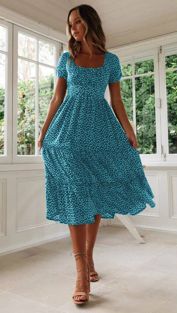 Summer Womens Beach Sweet Dresses Vestidos Vintage Print Puff Sleeve Casual Square Collar Floral Female Maxi Long Dress dongdumaoyi