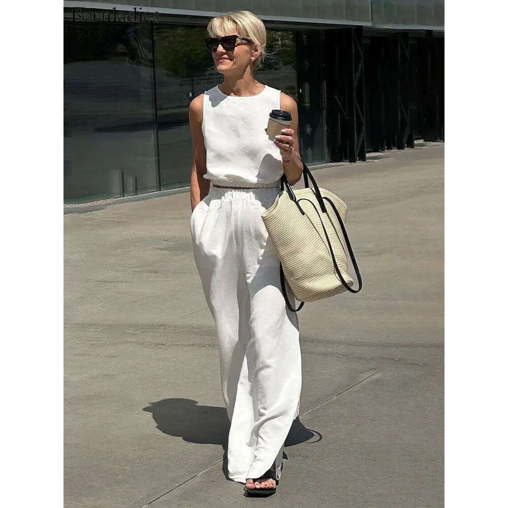 Summer Cotton Linen Short Sleeveless Elastic Waist Exposed Top + Long Pants With Slits Two-Piece Set B5