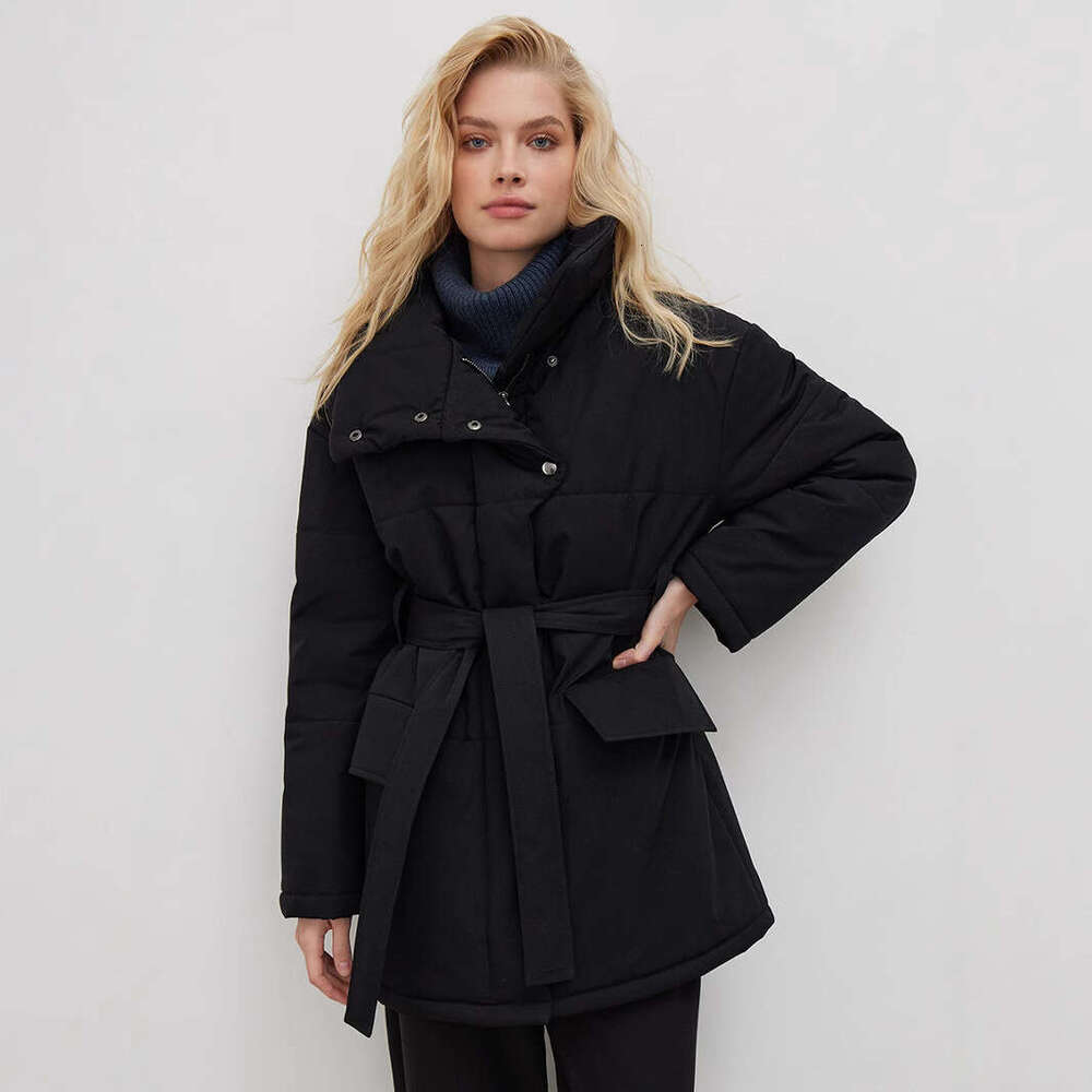 Stand Collar Autumn Winter New Style Elegant Belt Irregular Mid-Length Cotton Jacket B5