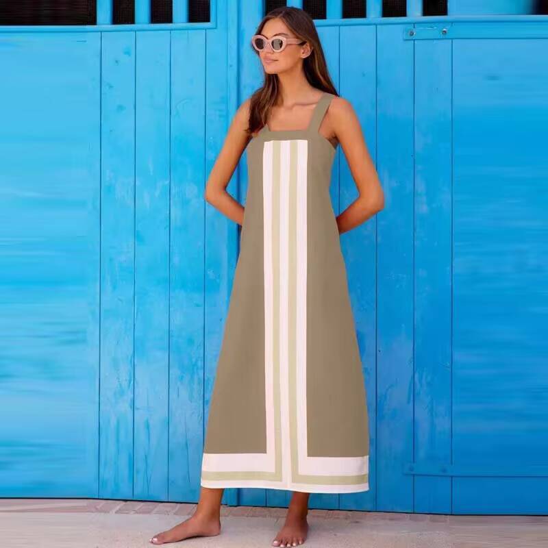 Summer Square Collar Sling Chic Match Patchwork Striped Mini Dresses 2025 Fashion Contrast Color Backless Beach Dress Women New dongdumaoyi