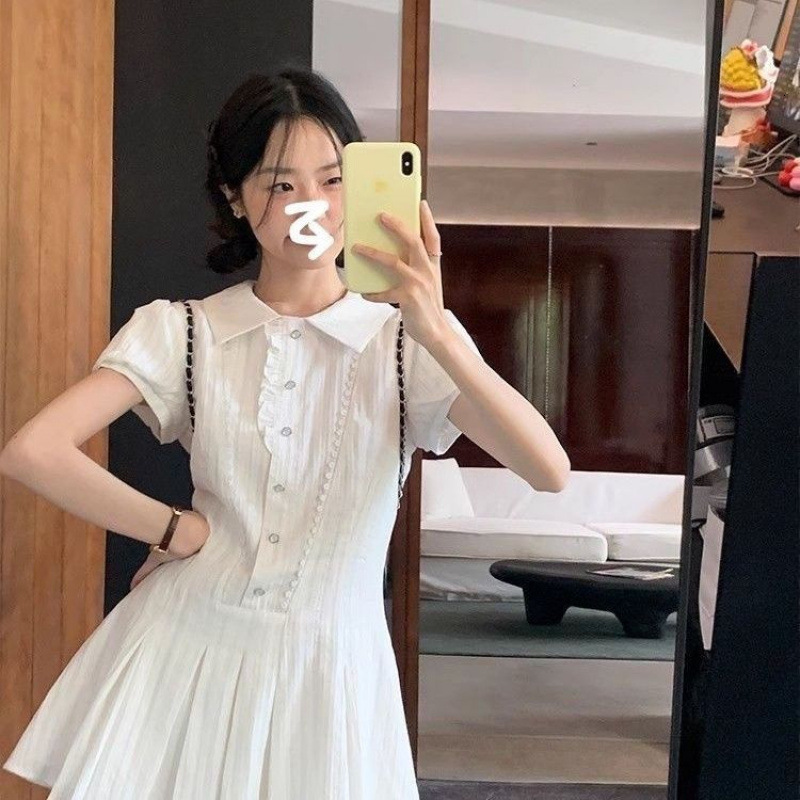2025 Elegant Waist-Cinching French Dress Short Sleeve Shirt Summer New White Petite Pleated Skirt