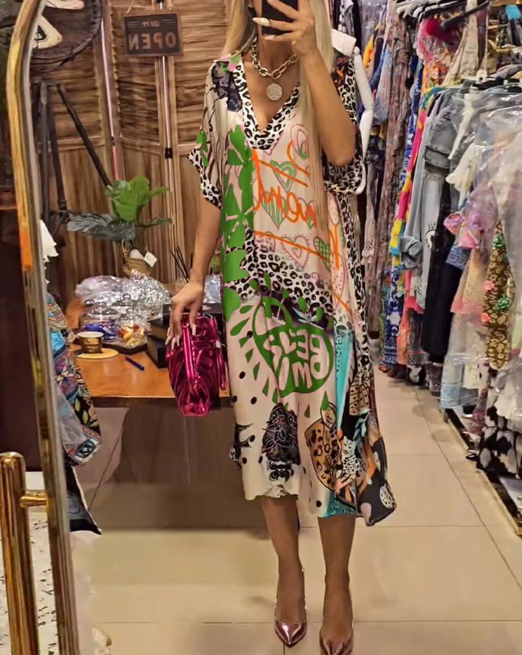 Women Casual Deep V Neck Loose Long Summer Half Sleeve Pullover Leopard Vestidos Colorful Print A-Line Party Dress dongdumaoyi