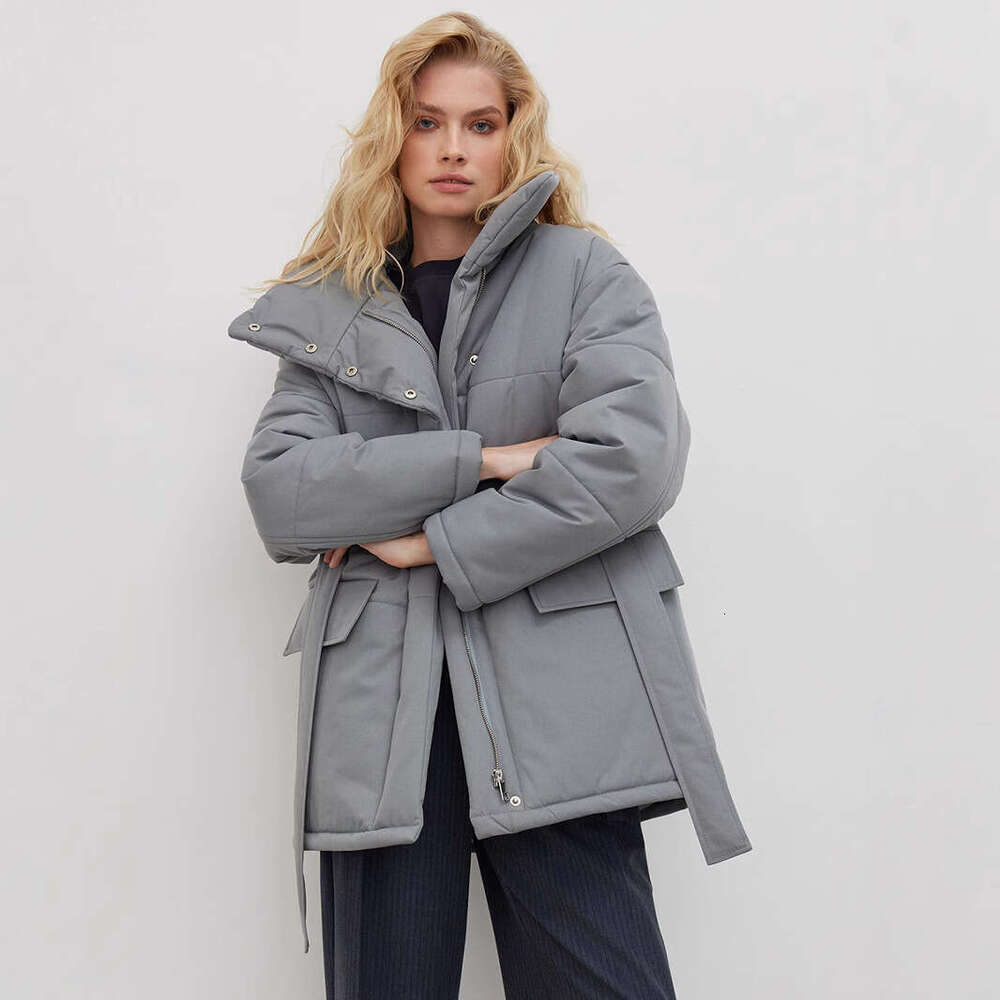 Stand Collar Autumn Winter New Style Elegant Belt Irregular Mid-Length Cotton Jacket B5